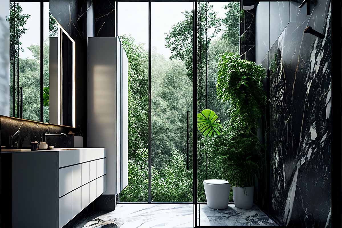 AI-generated illustration of a modern bathroom with indirect lighting